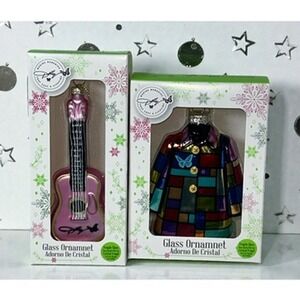 Dolly Parton Glass Christmas Ornament Coat of Many Colors & Pink Guitar NIB